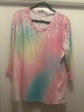 Source Unknown Pastel Ombre V-Neck Long Sleeve Top - Pink, Aqua, Mint